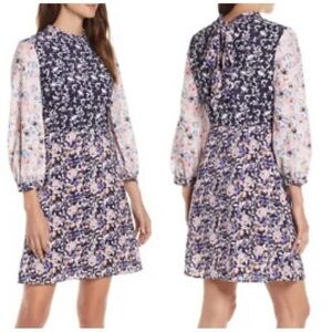 1901 Tie Neck Colorblock Mixed Floral Print Dress